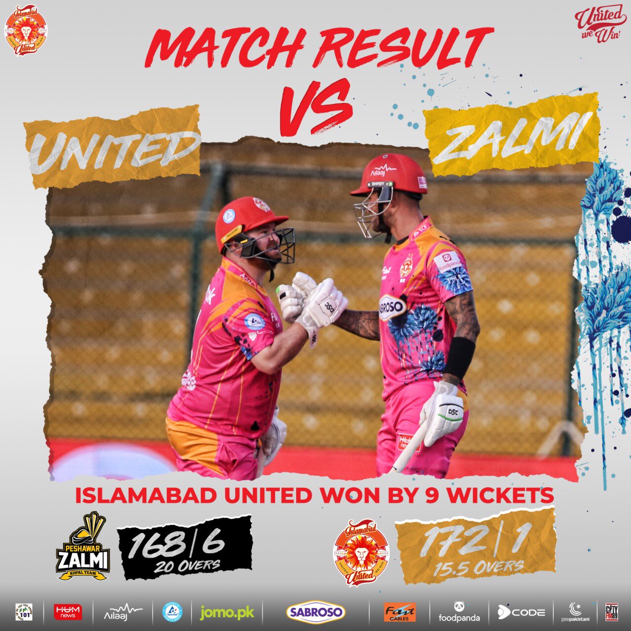 In the fifth match of Pakistan Super League season seven, Islamabad United easily defeated Peshawar Zalmi by 9 wickets.