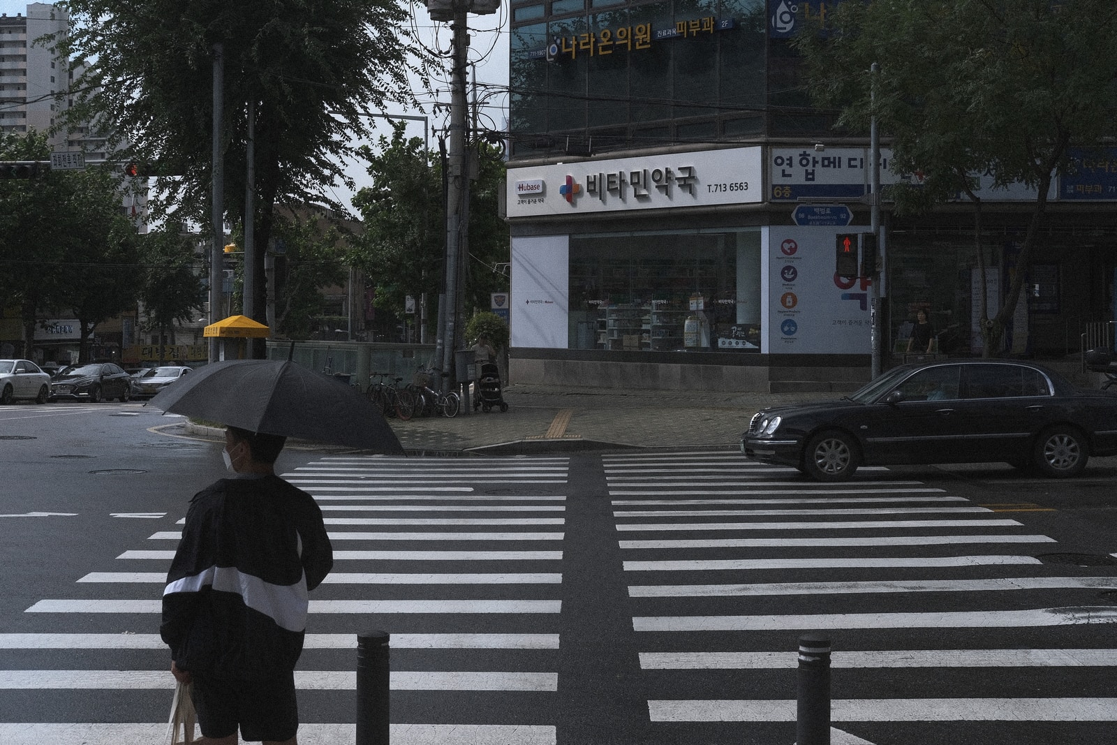 person in black and white jacket holding umbrella walking on pedestrian lane during daytime