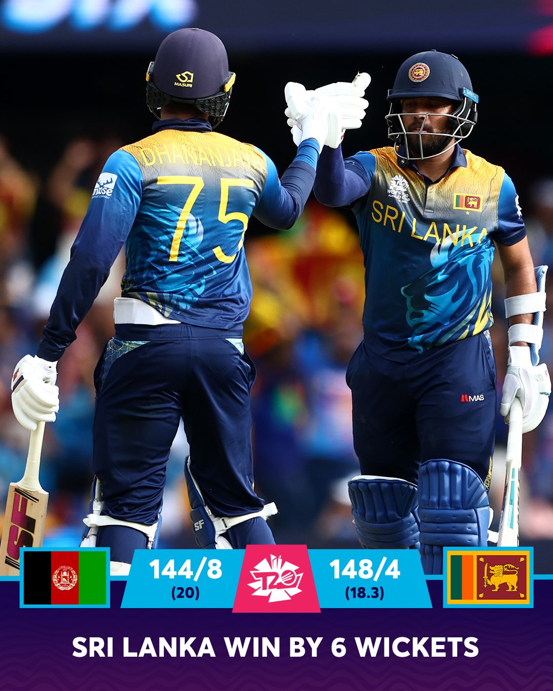Super 12 stage of the T20, Sri Lanka defeated Afghanistan by 6 wickets and maintained their hopes of reaching the semi-finals.