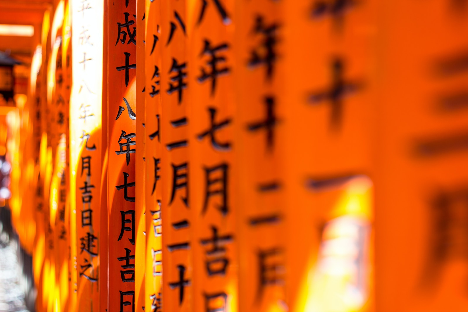 a row of orange signs with asian writing on them